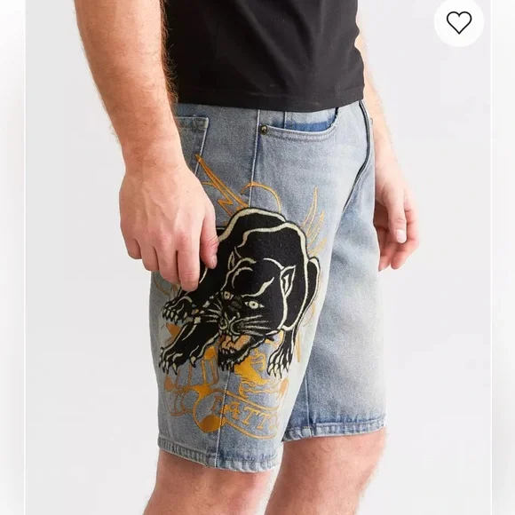 Ed Hardy Graphic Blue Jean Shorts for Men - Picture 3 of 8